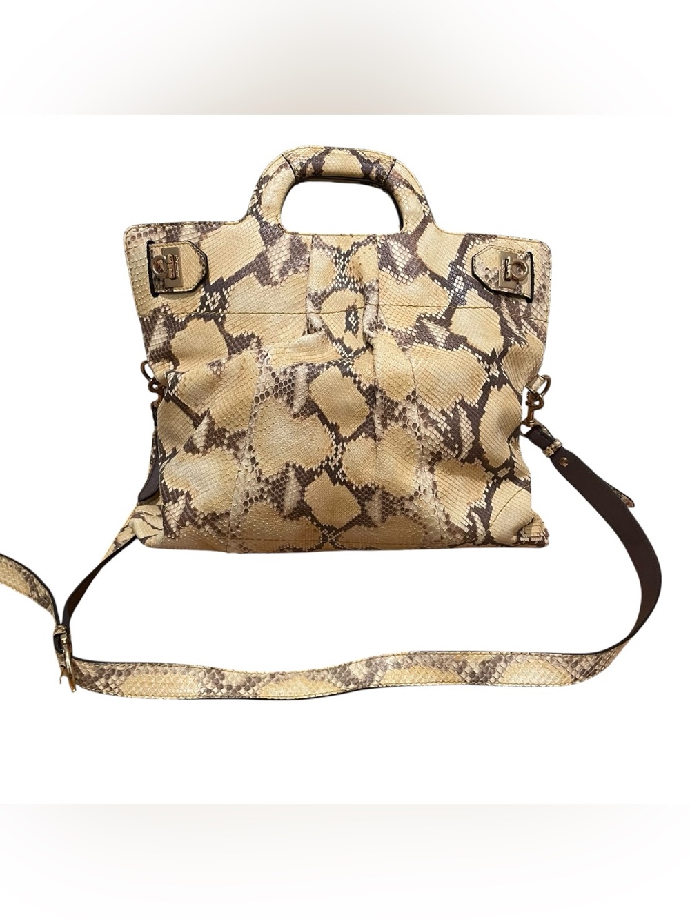 Salvatore Ferragamo Python Leather Convertible Tote Crossbody Bag Beige Brown - Picture 1 of 10